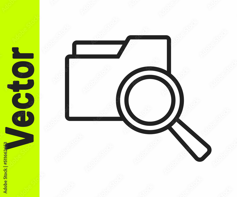 Poster black line search concept with folder icon isolated on white background. magnifying glass and docume