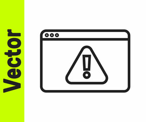 Black line Browser with exclamation mark icon isolated on white background. Alert message smartphone notification. Vector