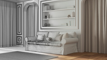 Architect interior designer concept: hand-drawn draft unfinished project that becomes real, classic living room, molded walls with bookshelf. Arched doors with curtains and parquet