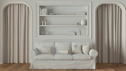 Neoclassic living room close up, molded walls with bookshelf in white and beige tones. Arched doors with curtains and parquet floor. Modern sofa and carpet. Classic interior design