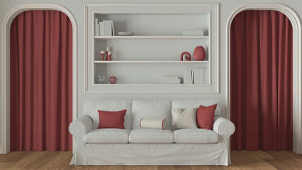 Neoclassic living room close up, molded walls with bookshelf in white and red tones. Arched doors with curtains and parquet floor. Modern sofa and carpet. Classic interior design