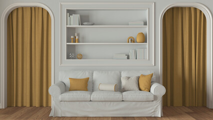 Neoclassic living room close up, molded walls with bookshelf in white and yellow tones. Arched doors with curtains and parquet floor. Modern sofa and carpet. Classic interior design © ArchiVIZ