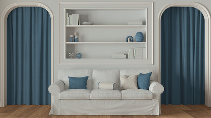 Neoclassic living room close up, molded walls with bookshelf in white and blue tones. Arched doors with curtains and parquet floor. Modern sofa and carpet. Classic interior design © ArchiVIZ