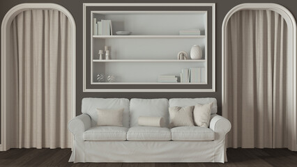 Neoclassic living room close up, molded walls with bookshelf in white and dark tones. Arched doors with curtains and parquet floor. Modern sofa and carpet. Classic interior design