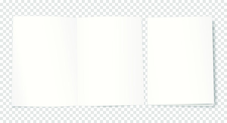 The mock up a closed in an open two -page booklet, postcards, notebooks, brochures, magazines, books on a transparent background. 3D vector illustration for your design.