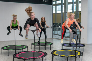 Fitness center group active trampoline friends youth health aerobic training, concept team workout...
