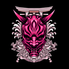 oni mask with roses and tori gate illustration