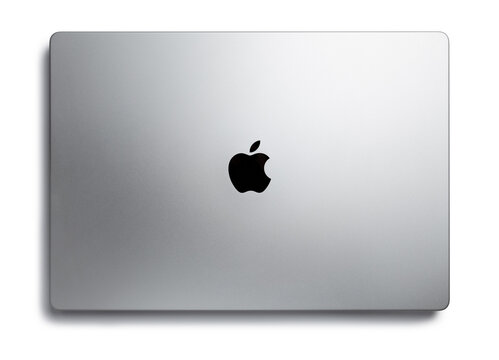 Close-up top view of Macbook grey laptop by Apple. Mackbook Pro 16  M1 chip 2021