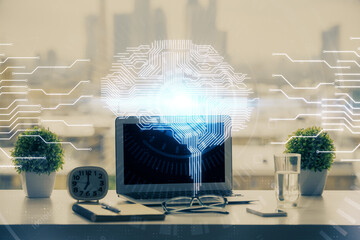 Double exposure of desktop with computer and brain drawing hologram. Artificial intelligence...