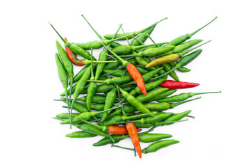 Pile of green and red Thai chilis  on white background. Concept : food ingredient, spicy for cooking. Agriculture crop in Thailand.