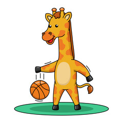 Cartoon illustration of cute giraffe playing basketball