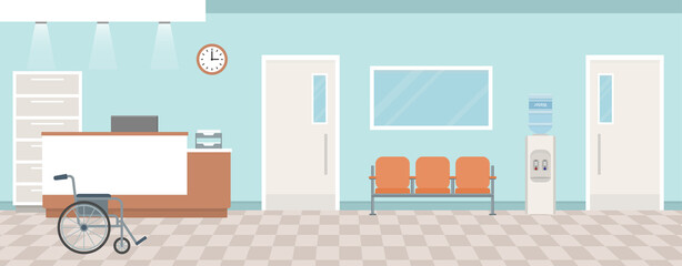 Empty modern hospital corridor with nurses station and armchairs. Healthcare services concept. Flat style, vector illustration.