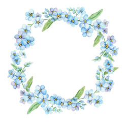 Watercolor Forget-Me-Nots wreath. Greenery Floral frame. Hand drawn watercolor illustration. Decorative design elements.