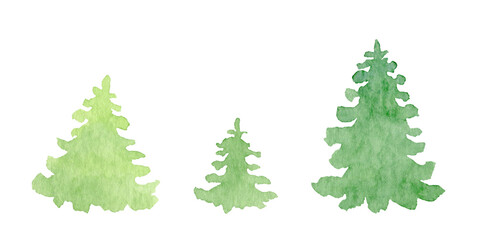 Watercolor set of green pine trees for Christmas and New Year decoration. Tree silhouettes illustrations isolated on white background. Perfect for design textile, print, wallpaper