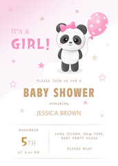 Vector baby shower invitation template with cute panda girl and pink balloons. It's a girl.	
