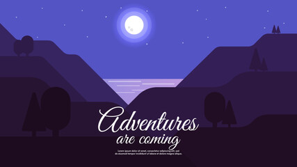 Night hills with trees. Vector illustration, flat style illustration.  Design for wallpaper, background, banner. 