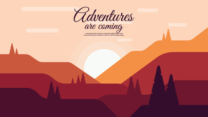 Evening or morning. Vector illustration, flat style illustration. Mountains with forest and hills. Design for wallpaper, background, banner, touristic card. 