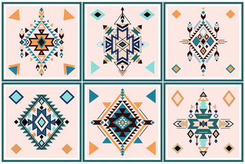 Vector set. Tribal folk aztec geometric pattern element. Colorful art print design. Poster. - obrazy, fototapety, plakaty