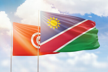 Sunny blue sky and flags of namibia and tunisia