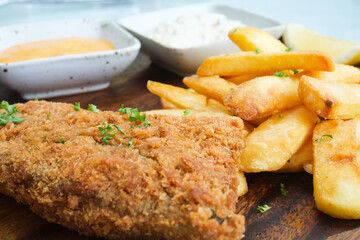 Close up British Traditional Fish and chips with mashed peas, tartar sauce on crumpled paper. food...