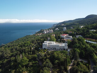 Aerial View of Livadia Palace - located on the shores of the Black Sea in the village of Livadia in the Yalta region of Crimea. Livadia Palace was a summer retreat of the last Russian tsar Nicholas II