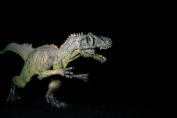 Toy predatory dinosaur on a black background. Carnivorous dinosaur