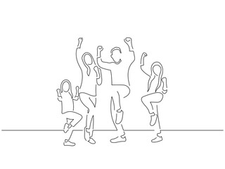 Family having fun in line art drawing style. Composition of a group of people jumping. Black linear sketch isolated on white background. Vector illustration design.