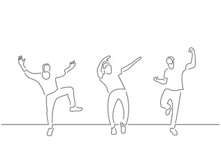 People having fun in line art drawing style. Composition of three persons dancing. Black linear sketch isolated on white background. Vector illustration design.