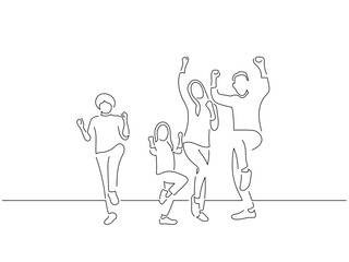 Family having fun in line art drawing style. Composition of a group of people jumping. Black linear sketch isolated on white background. Vector illustration design.