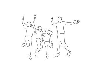 Fototapeta na wymiar Family having fun in line art drawing style. Composition of a group of people jumping. Black linear sketch isolated on white background. Vector illustration design.