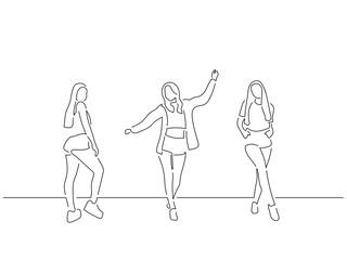 People having fun in line art drawing style. Composition of three persons dancing. Black linear sketch isolated on white background. Vector illustration design.