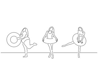 People on summer vacation in line art drawing style. Composition of three persons on holidays. Black linear sketch isolated on white background. Vector illustration design.