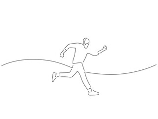 Man having fun in line art drawing style. Composition of a person jumping. Black linear sketch isolated on white background. Vector illustration design.