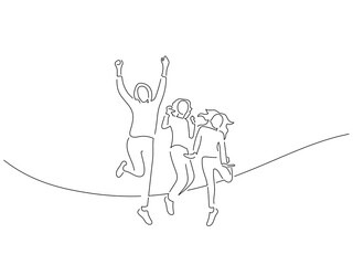 Family having fun in line art drawing style. Composition of a group of people jumping. Black linear sketch isolated on white background. Vector illustration design.