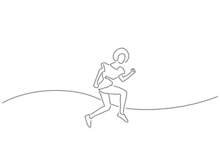 Woman having fun in line art drawing style. Composition of a person jumping. Black linear sketch isolated on white background. Vector illustration design.