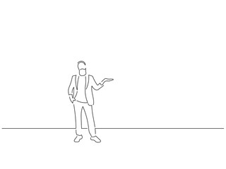 Man pointing in line art drawing style. Composition of a person gesturing. Black linear sketch isolated on white background. Vector illustration design.