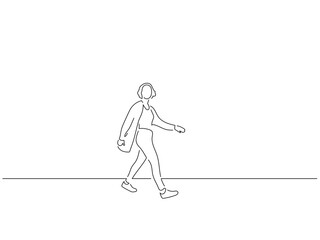 Woman walking in line art drawing style. Composition of a person gesturing. Black linear sketch isolated on white background. Vector illustration design.