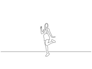 Woman having fun in line art drawing style. Composition of a person gesturing. Black linear sketch isolated on white background. Vector illustration design.