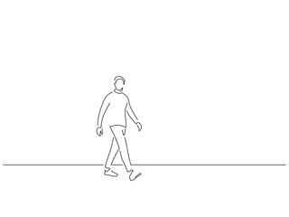 Man walking in line art drawing style. Composition of a person gesturing. Black linear sketch isolated on white background. Vector illustration design.
