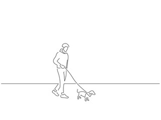 Man walking his dog in line art drawing style. Composition of a person with an animal. Black linear sketch isolated on white background. Vector illustration design.