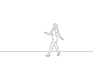 Woman walking in line art drawing style. Composition of a person gesturing. Black linear sketch isolated on white background. Vector illustration design.