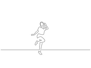 Woman having fun in line art drawing style. Composition of a person gesturing. Black linear sketch isolated on white background. Vector illustration design.