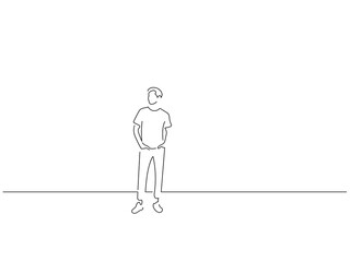 Man having fun in line art drawing style. Composition of a person gesturing. Black linear sketch isolated on white background. Vector illustration design.