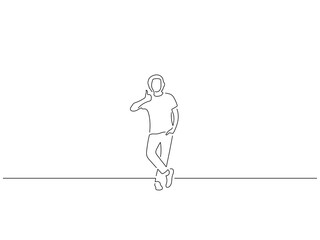 Man having fun in line art drawing style. Composition of a person gesturing. Black linear sketch isolated on white background. Vector illustration design.
