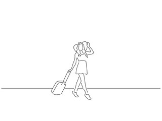 Obraz premium Woman on summer vacation in line art drawing style. Composition of a person on holidays. Black linear sketch isolated on white background. Vector illustration design.