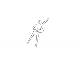 Man on summer vacation in line art drawing style. Composition of a person on holidays. Black linear sketch isolated on white background. Vector illustration design.