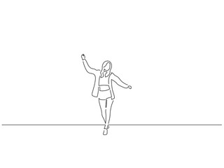 Woman having fun in line art drawing style. Composition of a person gesturing. Black linear sketch isolated on white background. Vector illustration design.