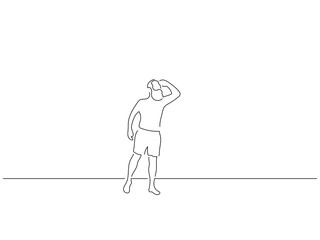 Man on summer vacation in line art drawing style. Composition of a person on holidays. Black linear sketch isolated on white background. Vector illustration design.