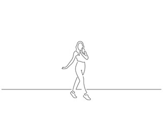 Woman having fun in line art drawing style. Composition of a person gesturing. Black linear sketch isolated on white background. Vector illustration design.