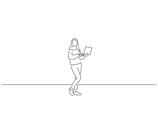Woman using a laptop in line art drawing style. Composition of a person stand up. Black linear sketch isolated on white background. Vector illustration design.